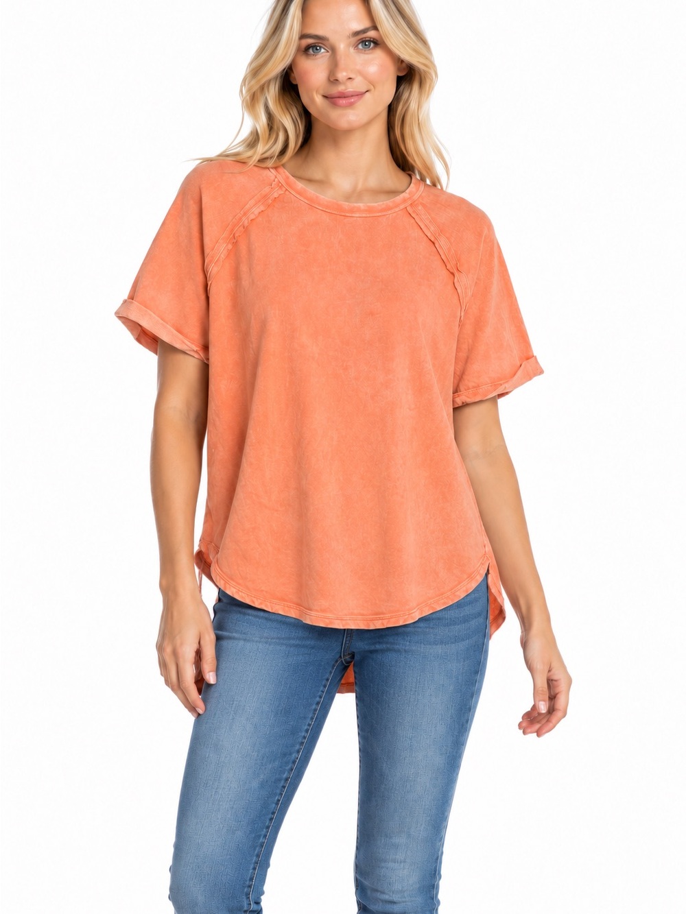 Zenana Size Large Woven Comfort Women's Washed Orange Short-Sleeve Top